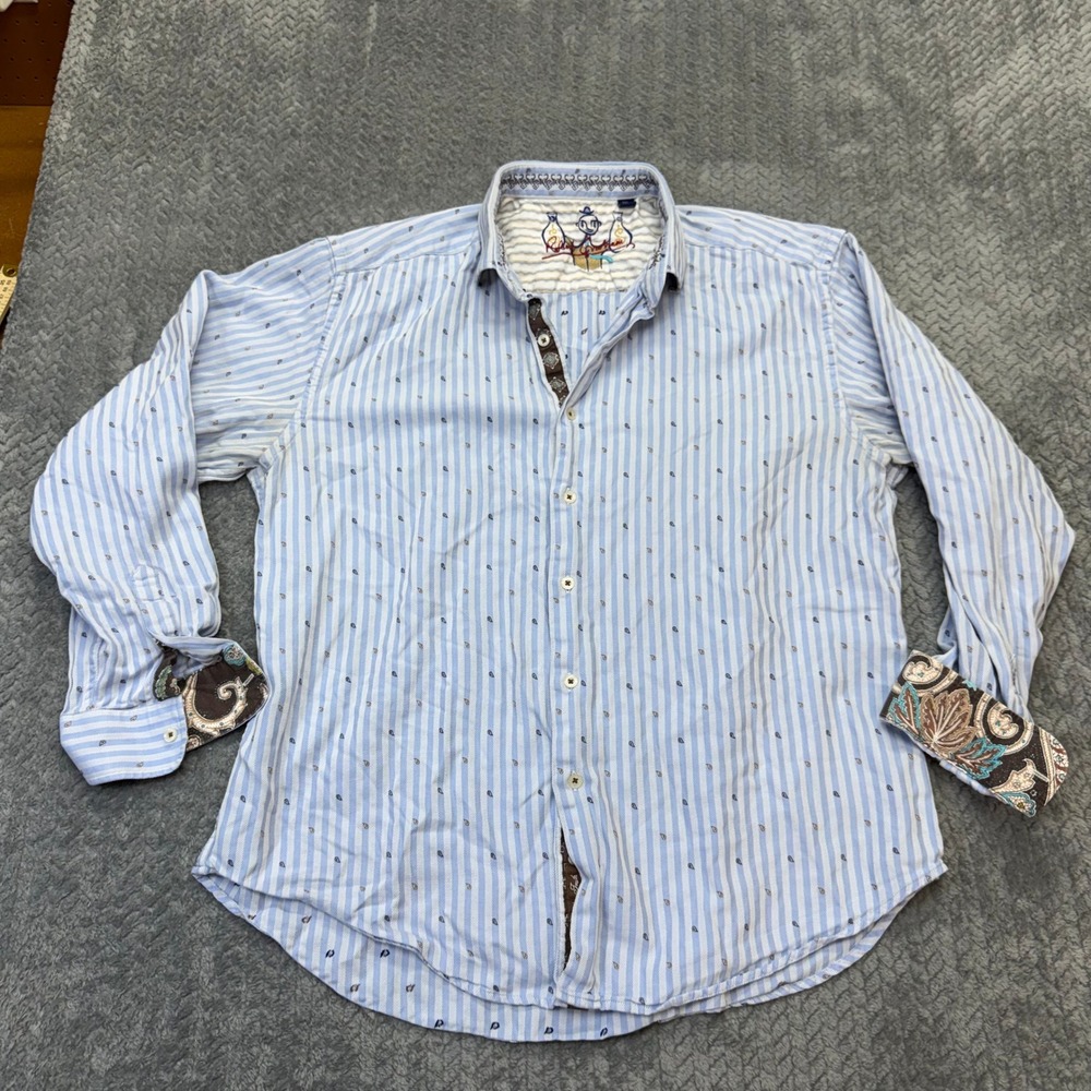Robert Graham Shirt Mens 2XL Blue Striped Micro Paisley Trim Long Sleeve Cotton